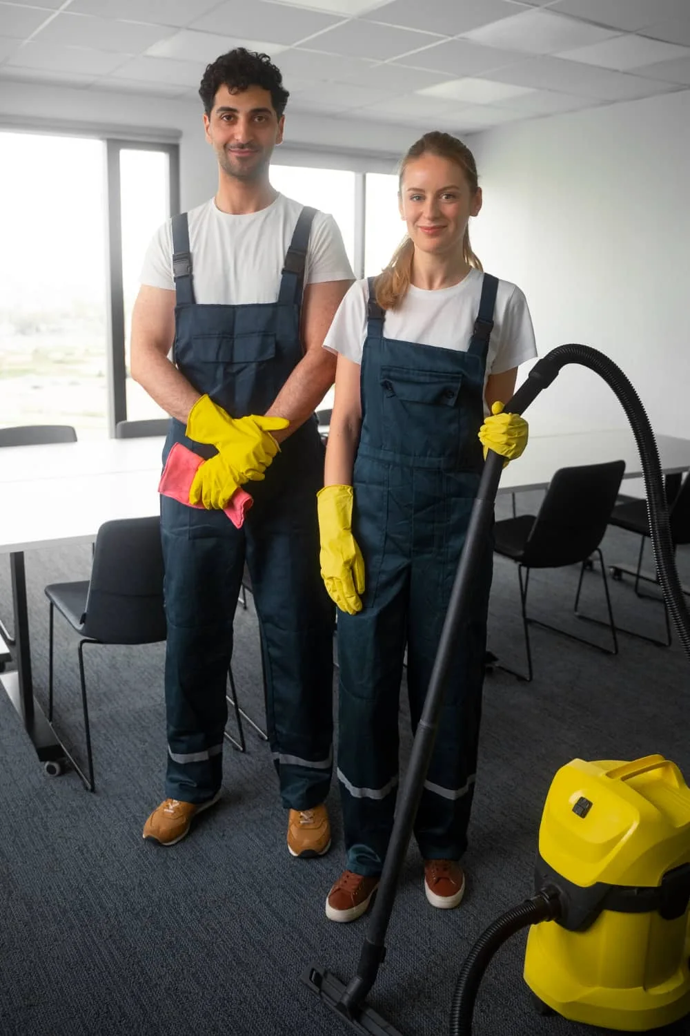 Two cleaners with equipment in an office lounge