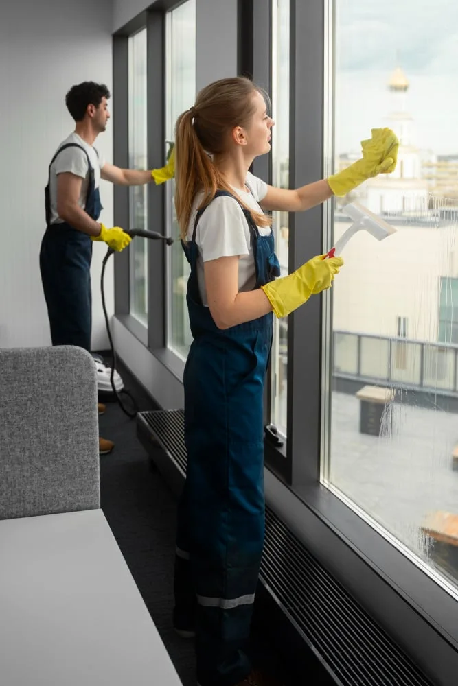 Cleaning team caring for interior glass
