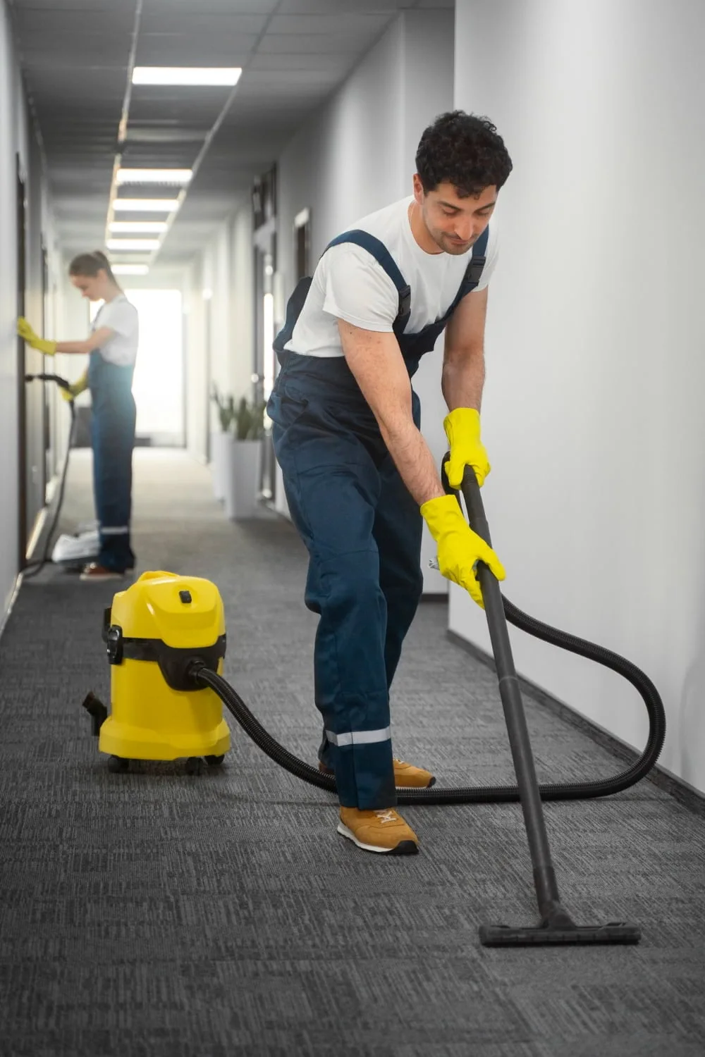 Cleaner vacuuming a carpeted corridor