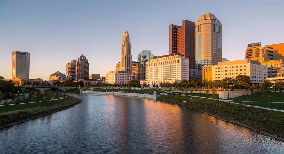 Columbus skyline beside the Scioto River