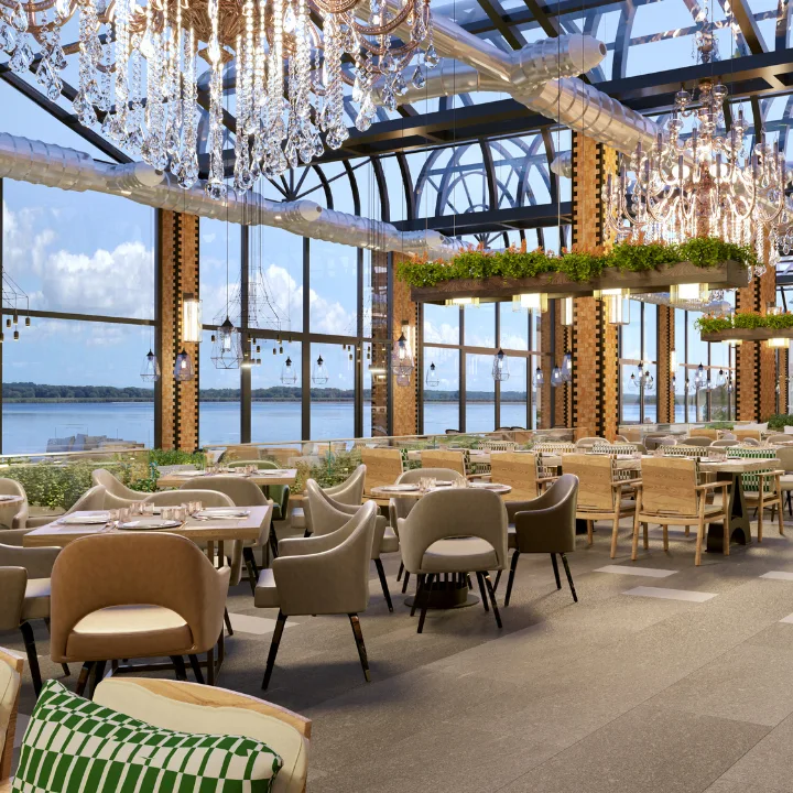 Restaurant dining area with tables and chairs
